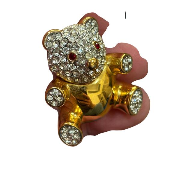 Vintage Teddy Bear Brooch Pin goldtone clear white & red rhinestone details - Picture 4 of 8